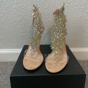 Embellished Nude Crystal High-Heels | Beige & Iridescent Rainbow